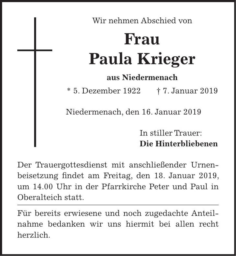 Traueranzeige Paula Krieger