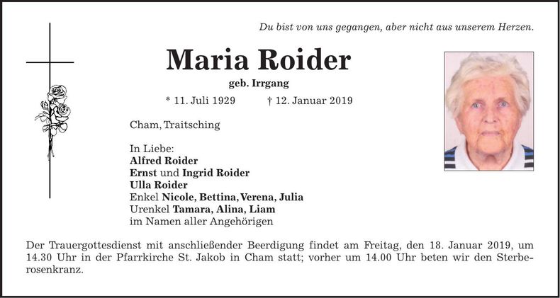 Traueranzeige Maria Roider