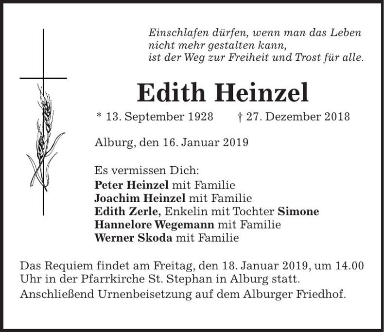 Traueranzeige Edith Heinzel