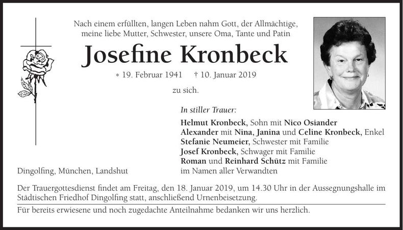 Traueranzeige Josefine Kronbeck