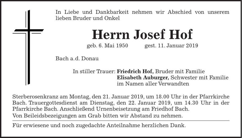 Traueranzeige Josef Hof