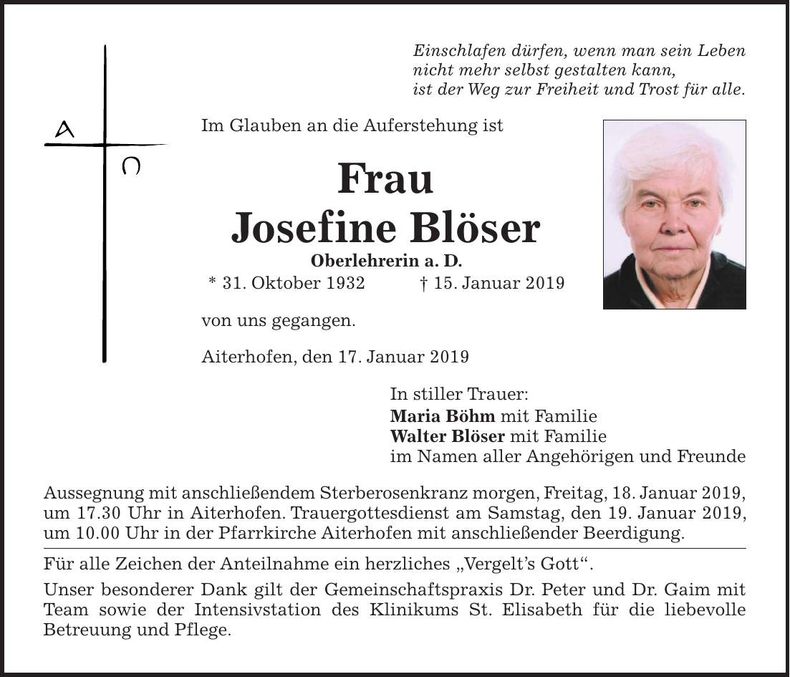 Traueranzeige Josefine Blöser