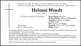Traueranzeige Helmut Wendt