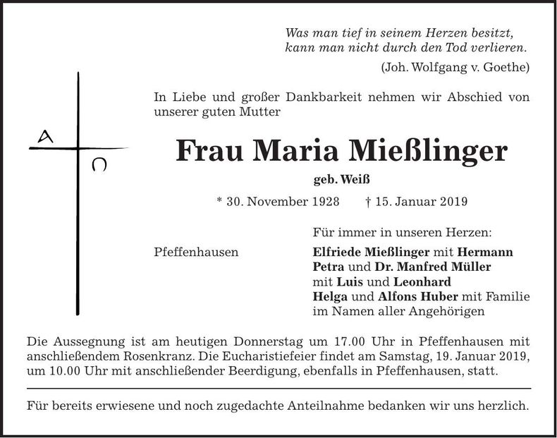 Traueranzeige Maria Mießlinger
