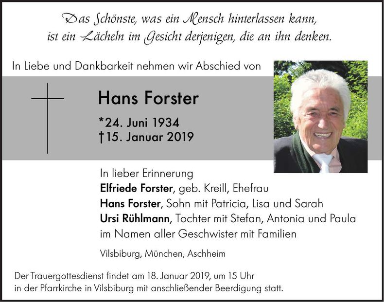 Traueranzeige Hans Forster