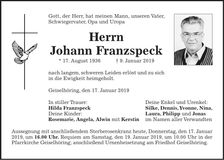 Traueranzeige Johann Franzspeck