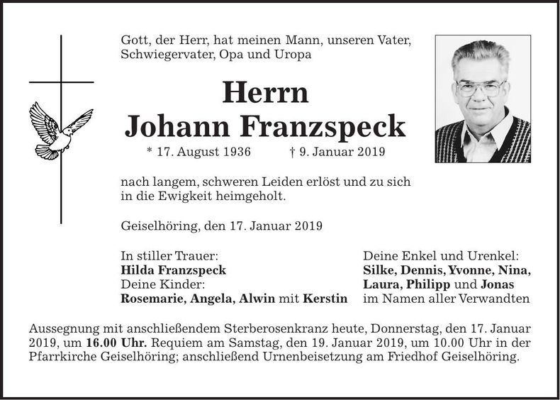Traueranzeige Johann Franzspeck