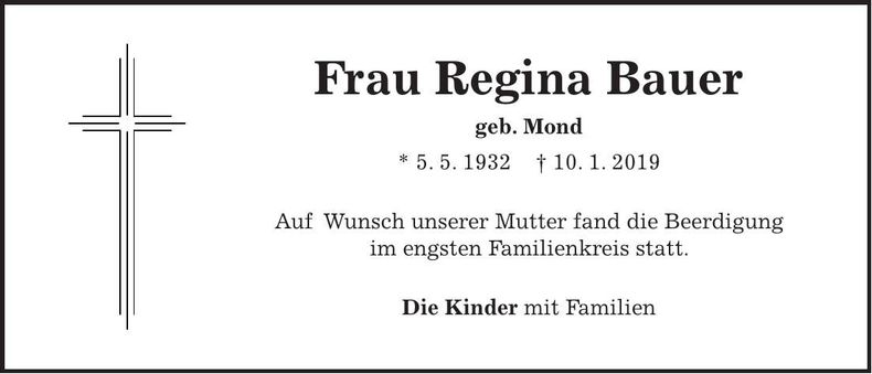 Traueranzeige Regina BAuer
