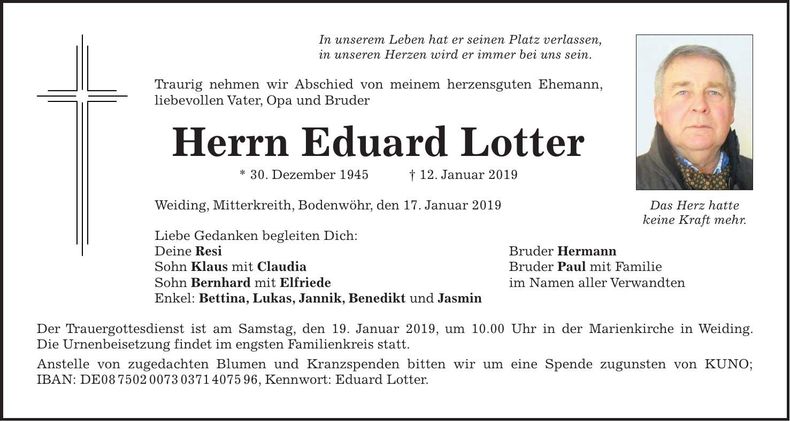 Traueranzeige Eduard Lotter