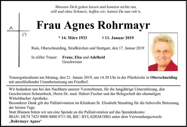 Traueranzeige Agnes Rohrmayr