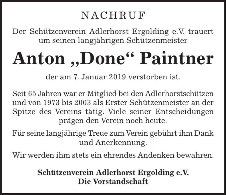 Traueranzeige Anton Paintner