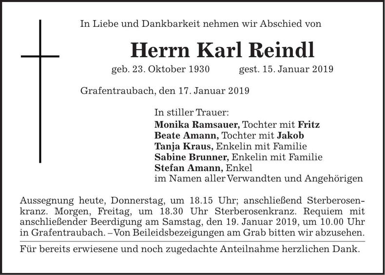 Traueranzeige Karl Reindl