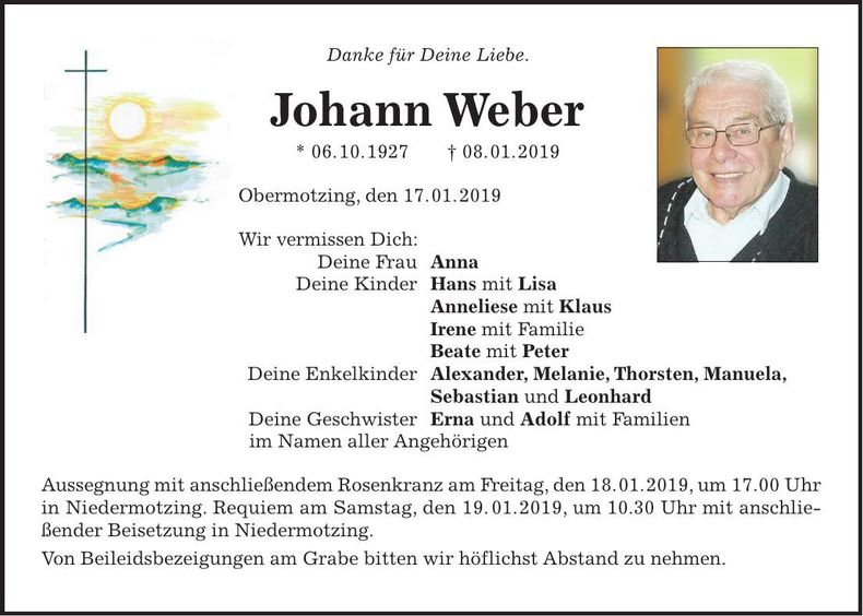 Traueranzeige Johann Weber