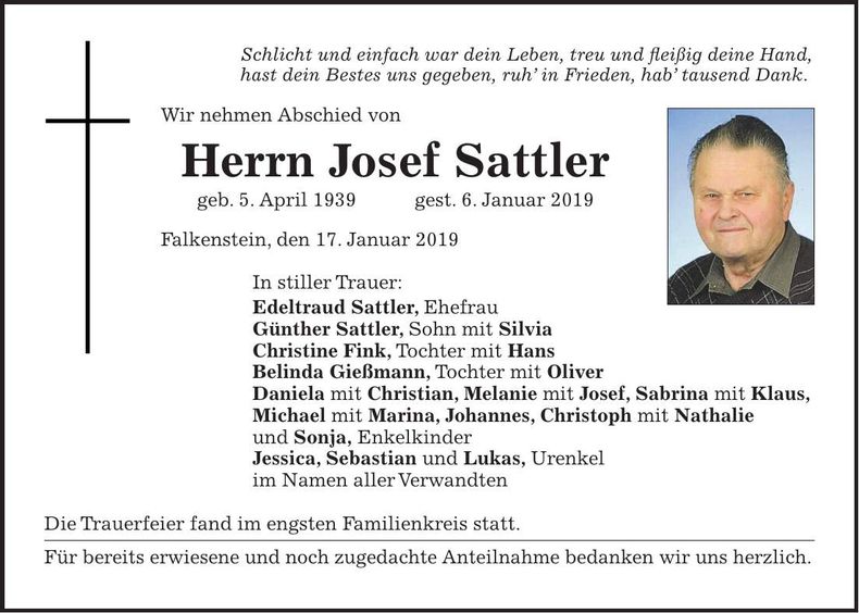 Traueranzeige Josef Sattler