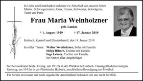 Traueranzeige Maria Weinholzner