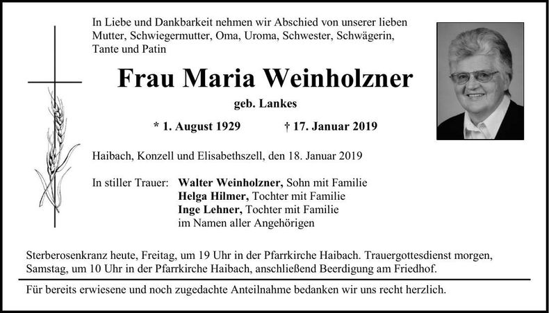 Traueranzeige Maria Weinholzner