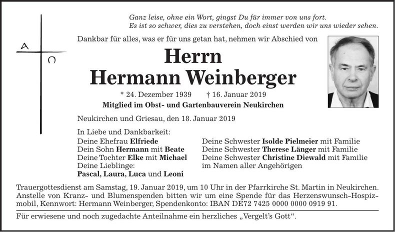 Traueranzeige Weinberger Hermann
