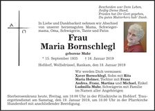 Traueranzeige Maria Bornschlegl