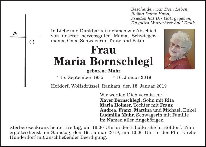 Traueranzeige Maria Bornschlegl