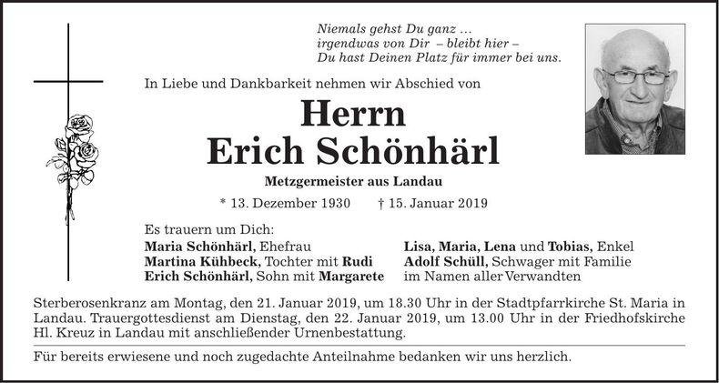 Traueranzeige Erich Schönhärl