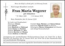Traueranzeige Maria Wegerer