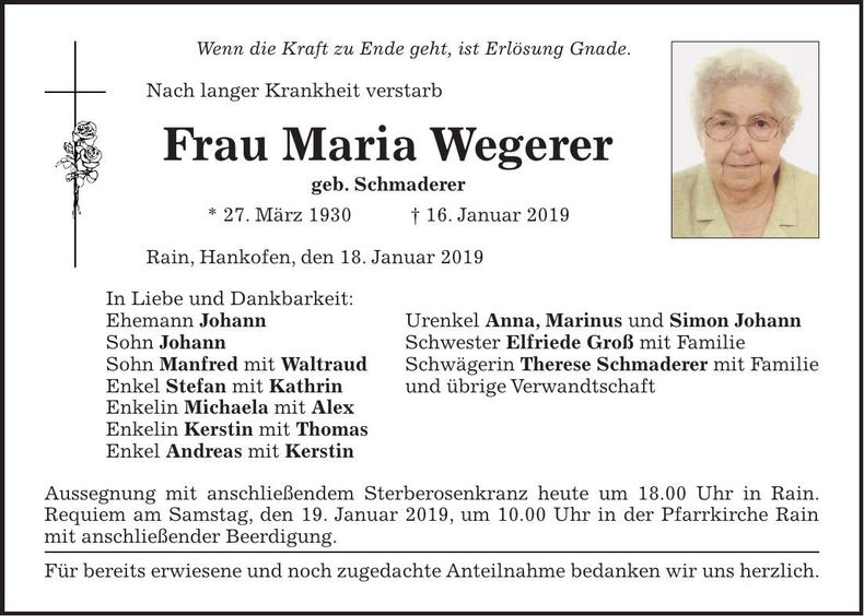 Traueranzeige Maria Wegerer