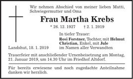 Traueranzeige Martha Krebs
