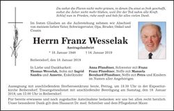 Traueranzeige Franz Wesselak