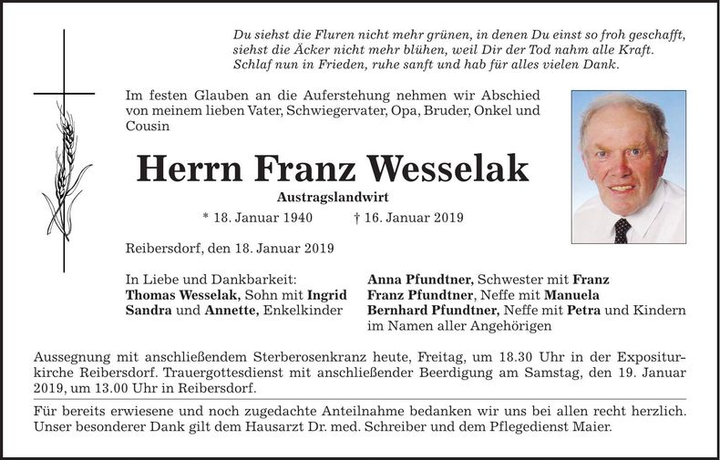 Traueranzeige Franz Wesselak