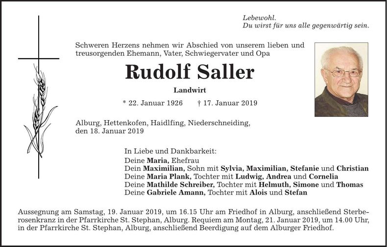 Traueranzeige Rudolf Saller