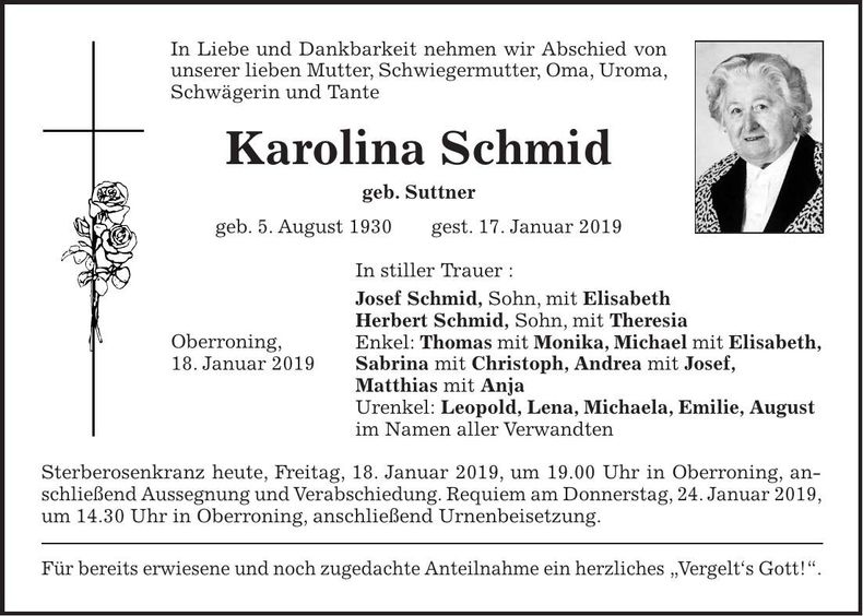 Traueranzeige Karolina Schmid
