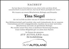 Traueranzeige Tina Siegel