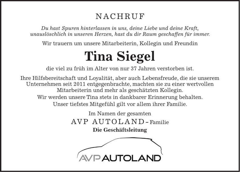 Traueranzeige Tina Siegel
