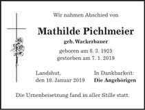 Traueranzeige Mathilde Pichlmeier