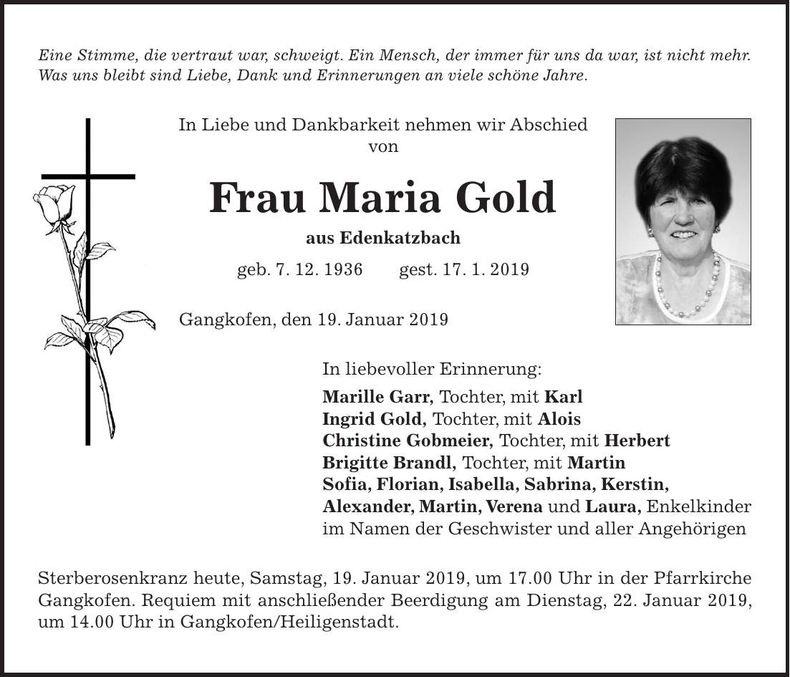 Traueranzeige Maria Gold