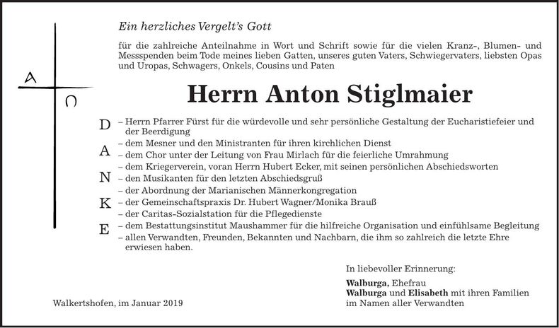 Traueranzeige Anton Stiglmaier