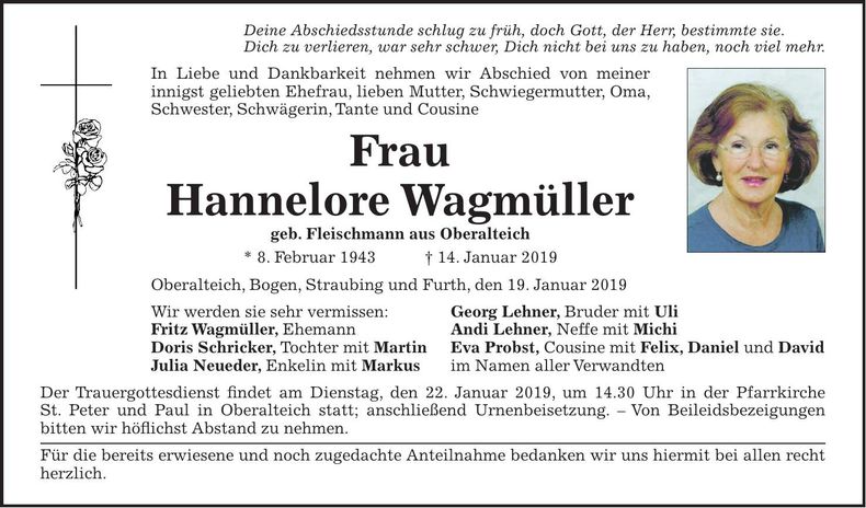 Traueranzeige Hannelore Wagmüller