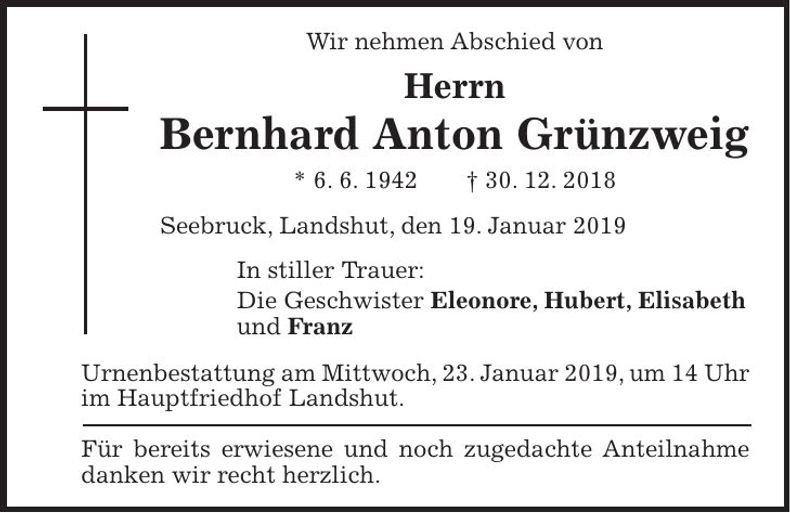 Traueranzeige Berhard Grünzweig