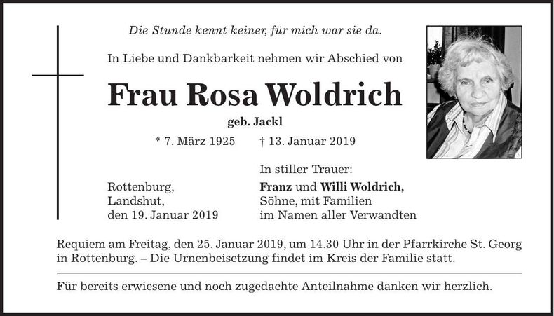 Traueranzeige Rosa Woldrich