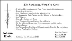 Traueranzeige Johann Hiebl