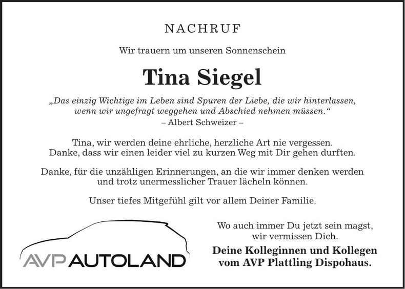 Traueranzeige Tina Siegel