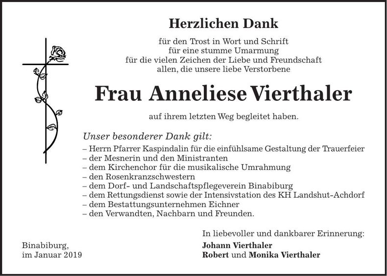 Traueranzeige Anneliese Vierthaler
