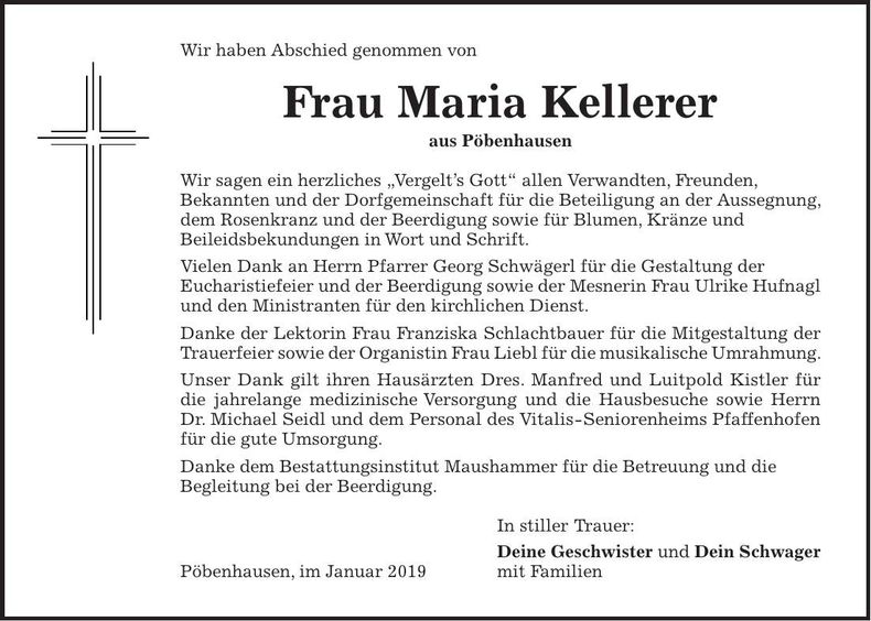 Traueranzeige Maria Kellerer