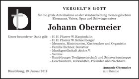 Traueranzeige Johann Obermeier