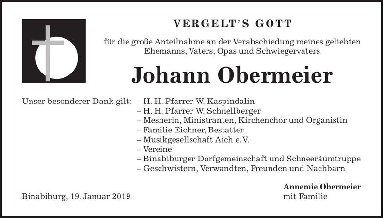 Traueranzeige Johann Obermeier