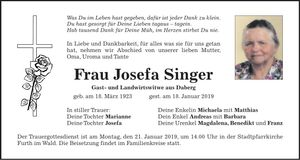 Traueranzeige Josefa Singer