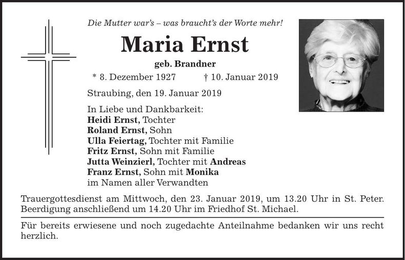 Traueranzeige Maria Ernst