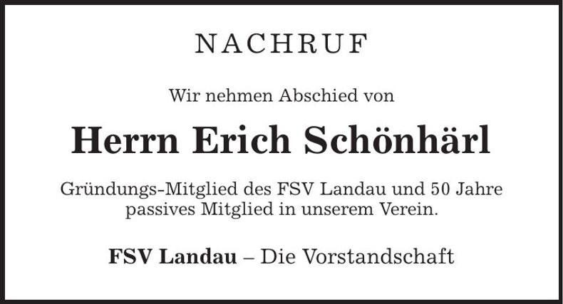 Traueranzeige Erich Schönhärl