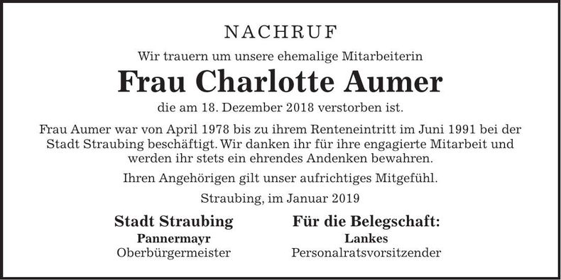 Traueranzeige Charlotte Aumer