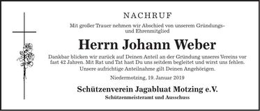 Traueranzeige Johann Weber
